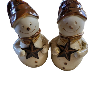 Vintage Ceramic Snowmen Holding Stars Set of Two